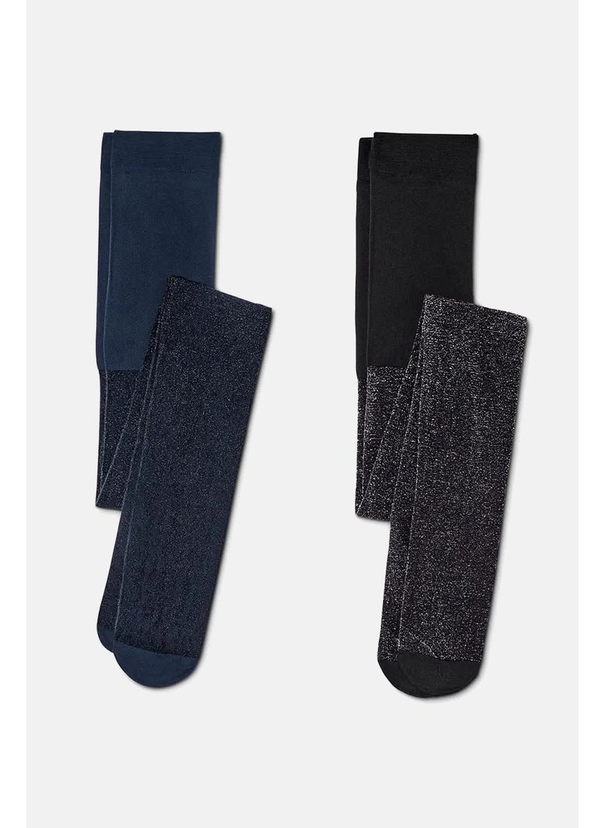 Tchibo Kids Girl 2 Pcs Textured Pull On Tights, Navy and Black and Silver  - Image 2