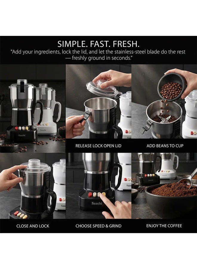 Saachi 300g Coffee Grinder NL-CG-4961-BK, 800W Powerful Motor, 2-Speed with Pulse, Stainless Steel Grinding Cup & Blades, Spice Grinder, Transparent Safety-Lock Lid, Overheat Protection 400 W NL-CG-4961-BK Silver - Image 3