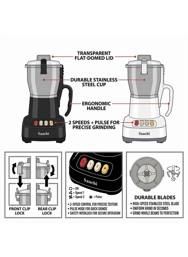 Saachi 300g Coffee Grinder NL-CG-4961-BK, 800W Powerful Motor, 2-Speed with Pulse, Stainless Steel Grinding Cup & Blades, Spice Grinder, Transparent Safety-Lock Lid, Overheat Protection 400 W NL-CG-4961-BK Silver - Image 4
