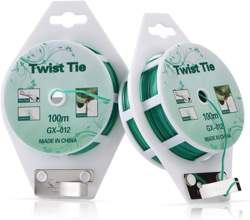 YDSL 2 Reels 328 Feet (100m) Twist Tie, Green Coated Garden Plant Ties with Cutter for Gardening and Office Organization, Home - Image 1