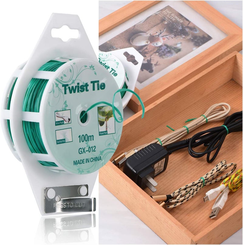 YDSL 2 Reels 328 Feet (100m) Twist Tie, Green Coated Garden Plant Ties with Cutter for Gardening and Office Organization, Home - Image 3