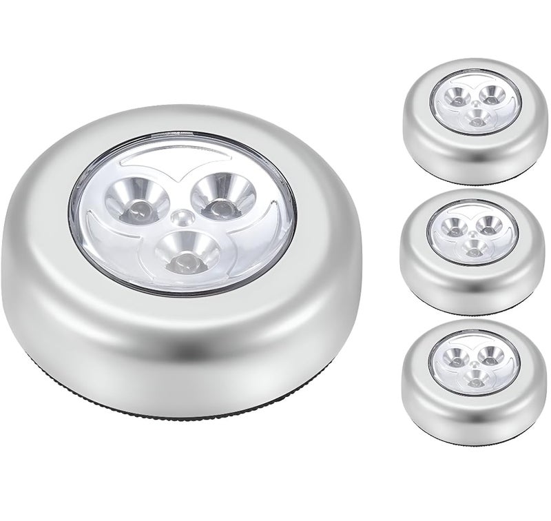 MeeTo Wireless LED Puck Light, Stick-Anywhere Closet Portable Tap Push Button Stair-Wall Lights for Cabinet, Hallway, Bathroom, Bedroom, Kitchen, 3 Battery Operated Low White Light, (Pack of 4) - Image 1