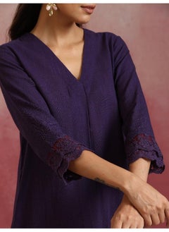 trueBrowns trueBrowns Purple Cotton Dobby Kurta Set  - Image 5