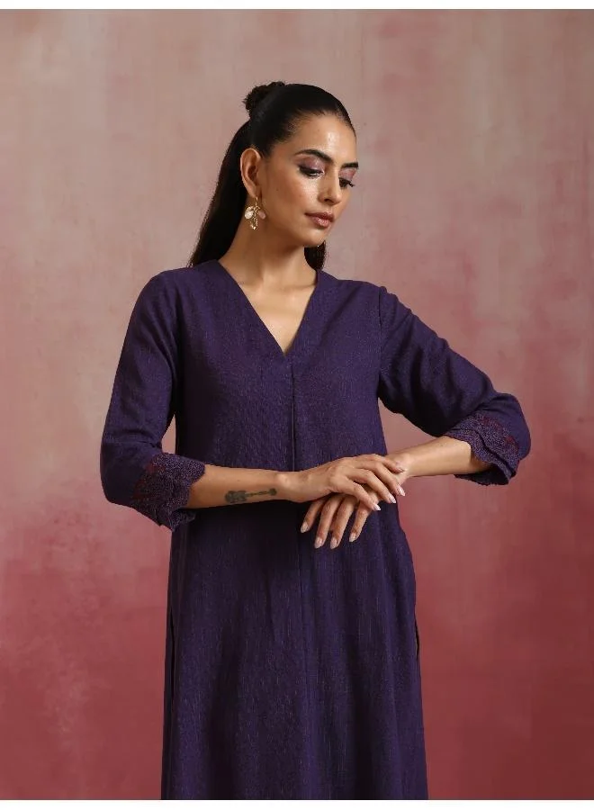 ترو برونز trueBrowns Purple Cotton Dobby Kurta Set