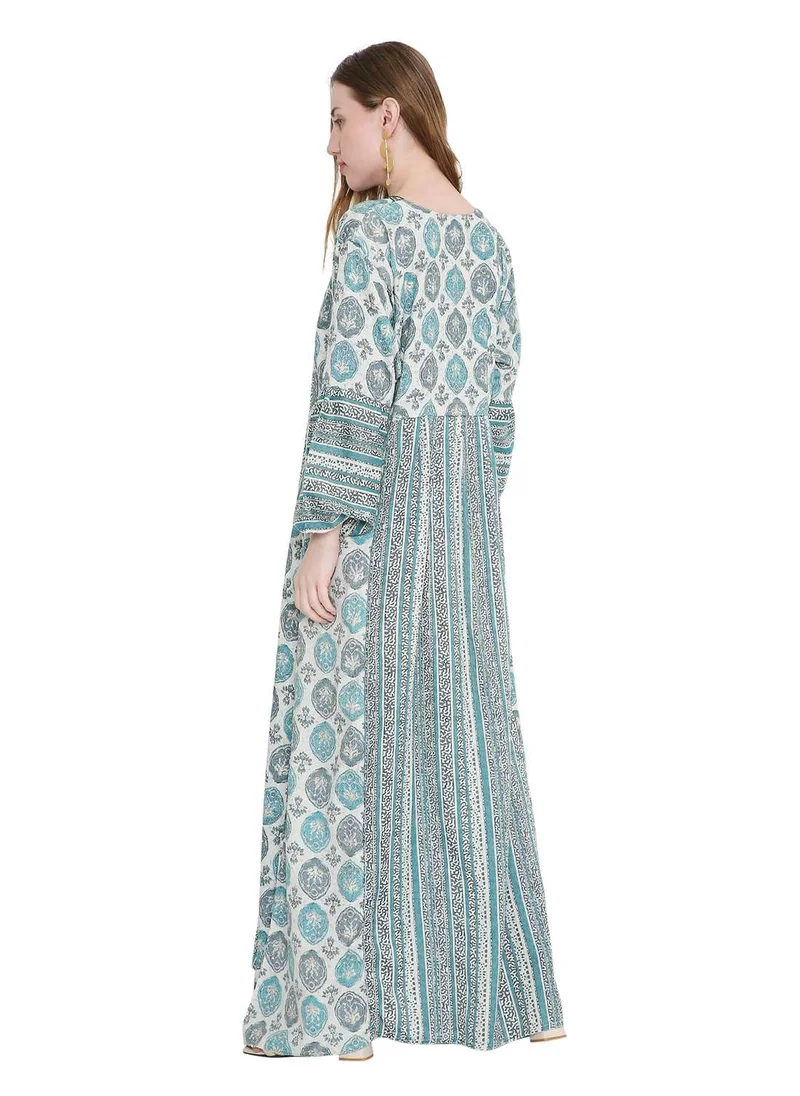 هانا آند سارا glamorous long viscose printed farasha with unique embroidered thread detailing arabic kaftan jalabiya dress
