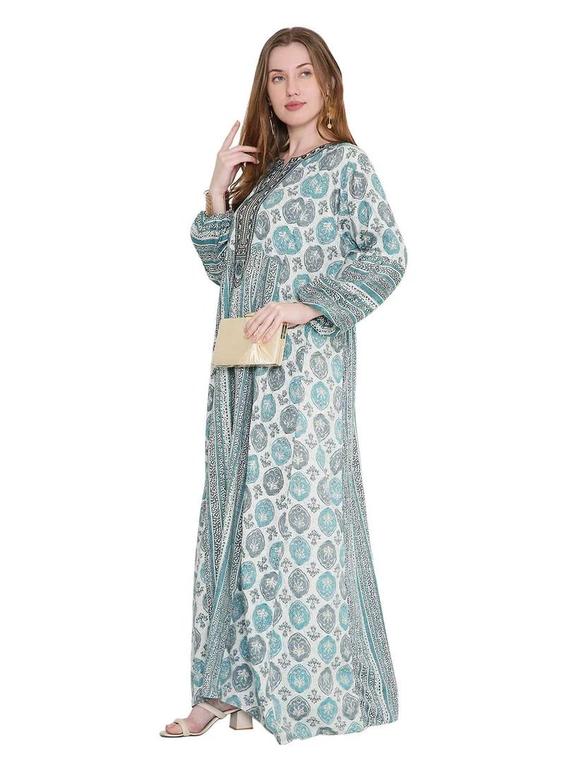 HANA & SARA glamorous long viscose printed farasha with unique embroidered thread detailing arabic kaftan jalabiya dress