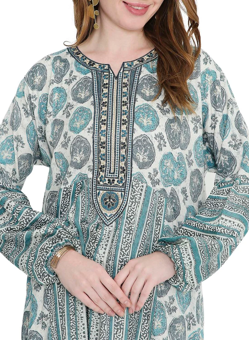 HANA & SARA glamorous long viscose printed farasha with unique embroidered thread detailing arabic kaftan jalabiya dress