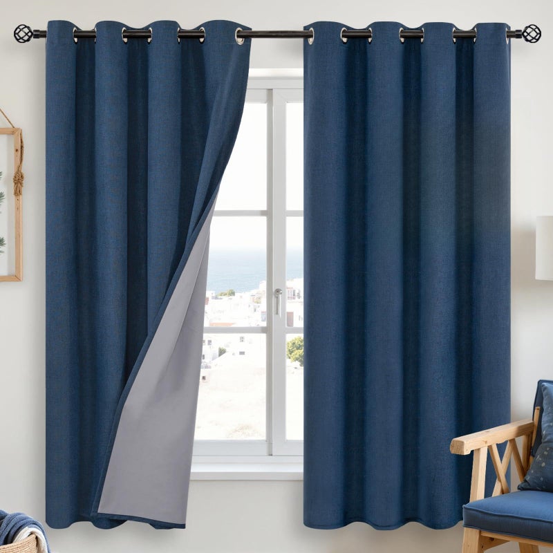 YoungsTex Navy Blue Linen Blackout Curtains 63 Inch Length for Bedroom, Thermal Insulated Black Out Drapes with Grommet Room Darkening Privacy for Living Room Window, 2 Panels, 52 X 63 Inch - Image 1