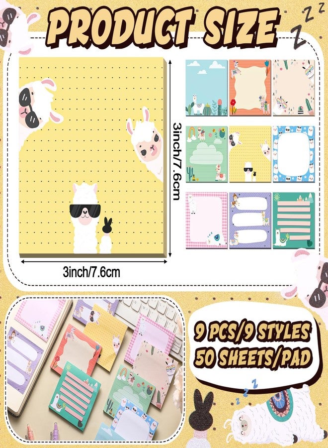 Saypacck 9 Pads Alpaca Sticky Notes Cartoon Self Stick Notepads 3x3 Inches Notes Adhesive Memo Pad Office Decor Gifts for Students School Teacher Office Meeting - Image 2