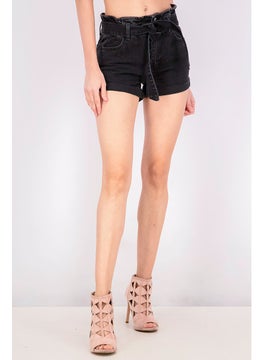Women High Waist Belted Denim Short, Black