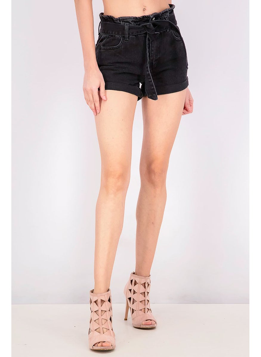 Don't Call Me Jennyfer - Women High Waist Belted Denim Short, Black - Image 1