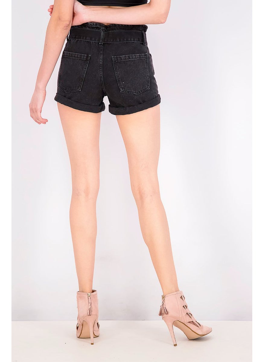Don't Call Me Jennyfer - Women High Waist Belted Denim Short, Black - Image 1