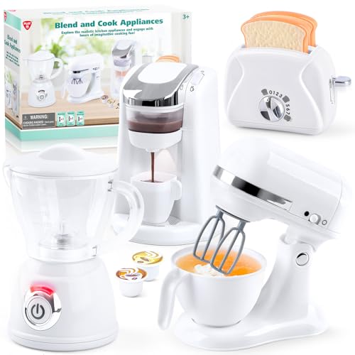 PLAY Kids Toy Kitchen Sets Play Kitchen Accessories for Kids Ages 48 35 Kitchen Appliance Toys Blender Coffee Maker Machine Mixer Toaster Pretend Play Toys for 4 Year Old Girls Toddlers White - Image 1