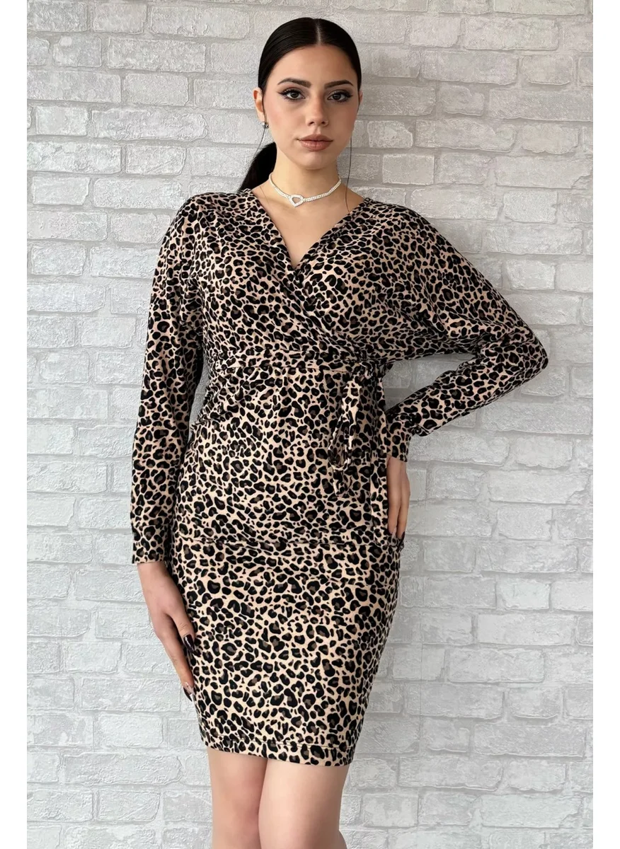 Gülseli Rose Leopard Patterned Double Breasted Suede Dress