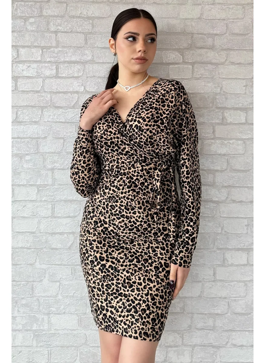 Gülseli Rose Leopard Patterned Double Breasted Suede Dress