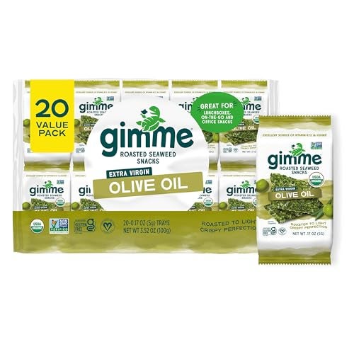 Gimme Seaweed Organic Premium Roasted Seaweed Snacks Extra Virgin Olive Oil 20 Count Keto Vegan GlutenFree Great Source of Omega3s and Iodine Healthy OnTheGo Snack for Kids and Adults - Image 1