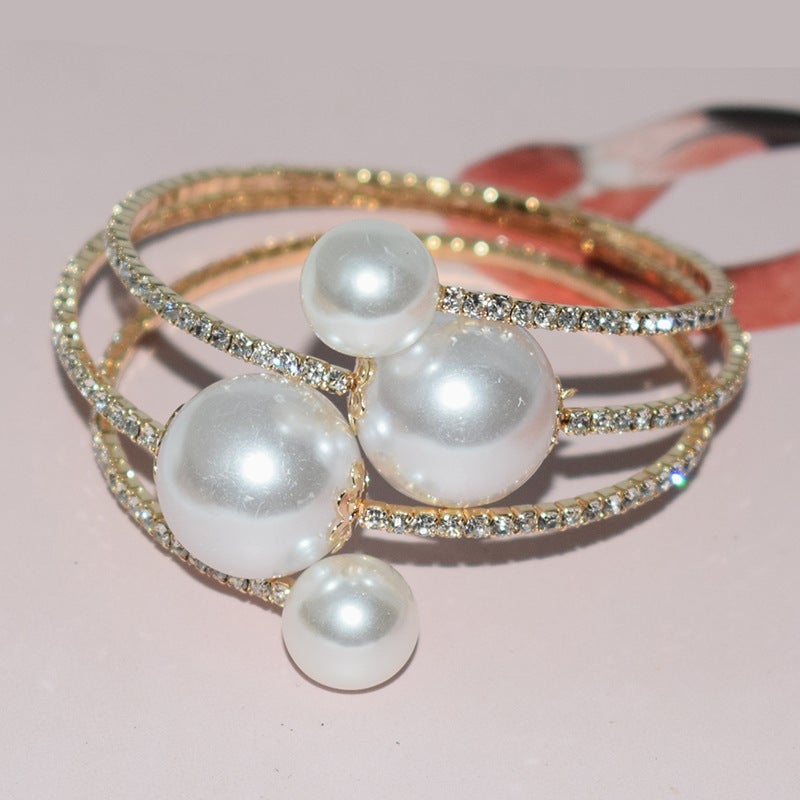 Gold Plated Choker Bracelet Set Pearl Rhinestone 3 Row Gold White Diamond (4 Pearls) Bracelet 