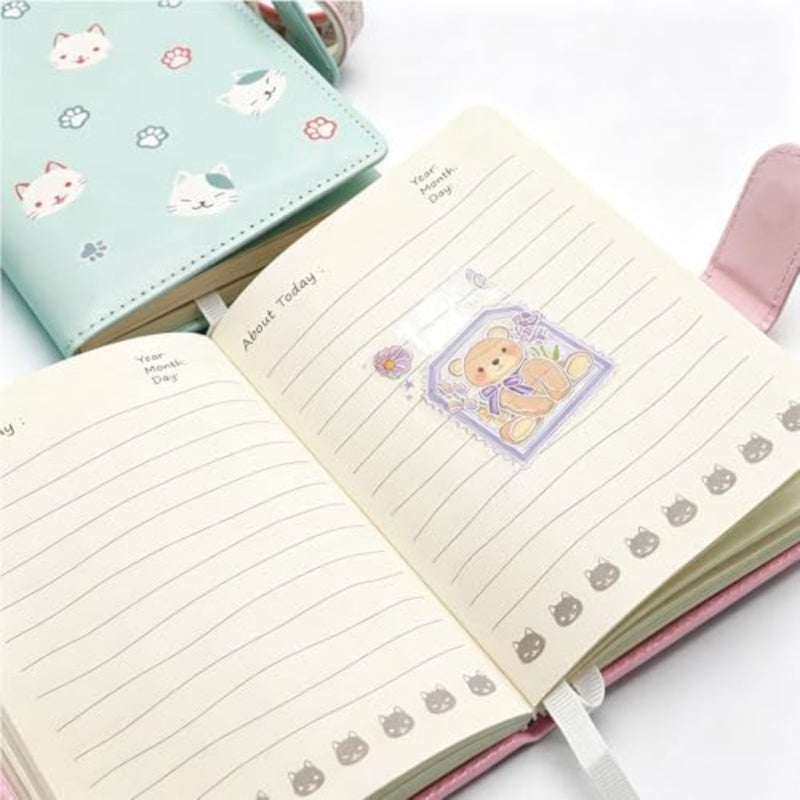 Pocket Notebook Journal, 2 Pack, 2 Subject, A6 Hardcover Small Mini Notebooks with Pens Holderfor Work, 4.2" x 5.7" Notebook College Ruled with 100Gsm Premium Thick Lined Paper Cartoon Cat - Image 3