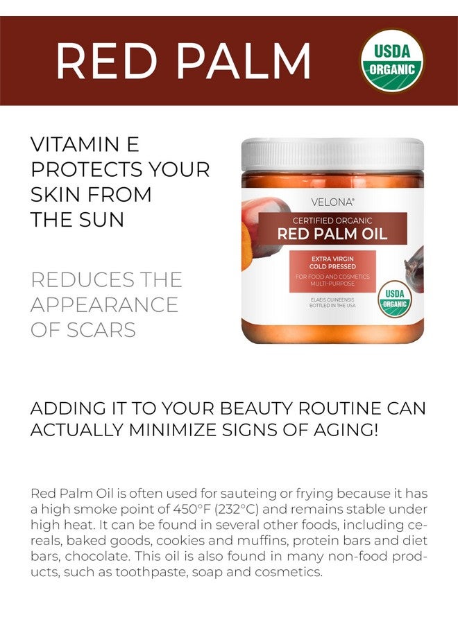 velona USDA Certified Organic Red Palm Oil 16 Fl Oz | Food and Cosmetic Grade | in jar | Extra Virgin, Cold Pressed | Skin, Face, Body, Hair Care | Use Today - Enjoy Results - Image 2
