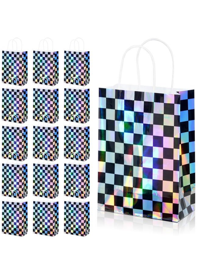 FunnyPars 16Pcs Iridescent Checkered Race Car Party Favor Bags, Black and Iridescent Car Goodie Bags with Handles, Laser Plaid Kraft Paper Candy Gift Treat Bags for Kids Fast Race Car Birthday Party Decorations - Image 1