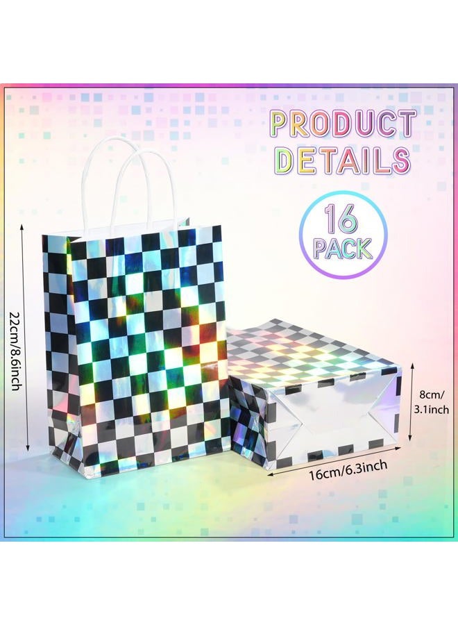 FunnyPars 16Pcs Iridescent Checkered Race Car Party Favor Bags, Black and Iridescent Car Goodie Bags with Handles, Laser Plaid Kraft Paper Candy Gift Treat Bags for Kids Fast Race Car Birthday Party Decorations - Image 2