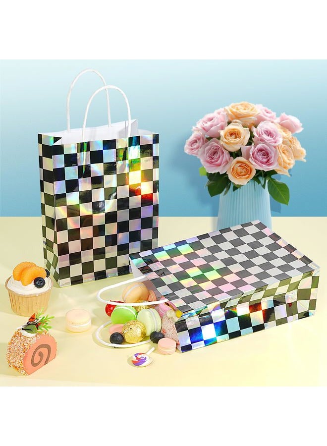 FunnyPars 16Pcs Iridescent Checkered Race Car Party Favor Bags, Black and Iridescent Car Goodie Bags with Handles, Laser Plaid Kraft Paper Candy Gift Treat Bags for Kids Fast Race Car Birthday Party Decorations - Image 5