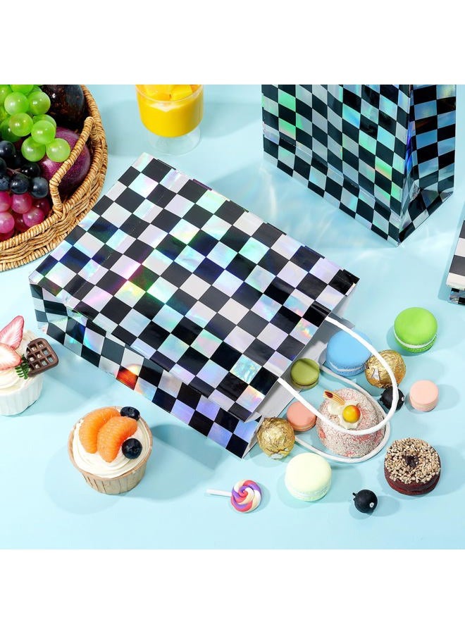 FunnyPars 16Pcs Iridescent Checkered Race Car Party Favor Bags, Black and Iridescent Car Goodie Bags with Handles, Laser Plaid Kraft Paper Candy Gift Treat Bags for Kids Fast Race Car Birthday Party Decorations - Image 4
