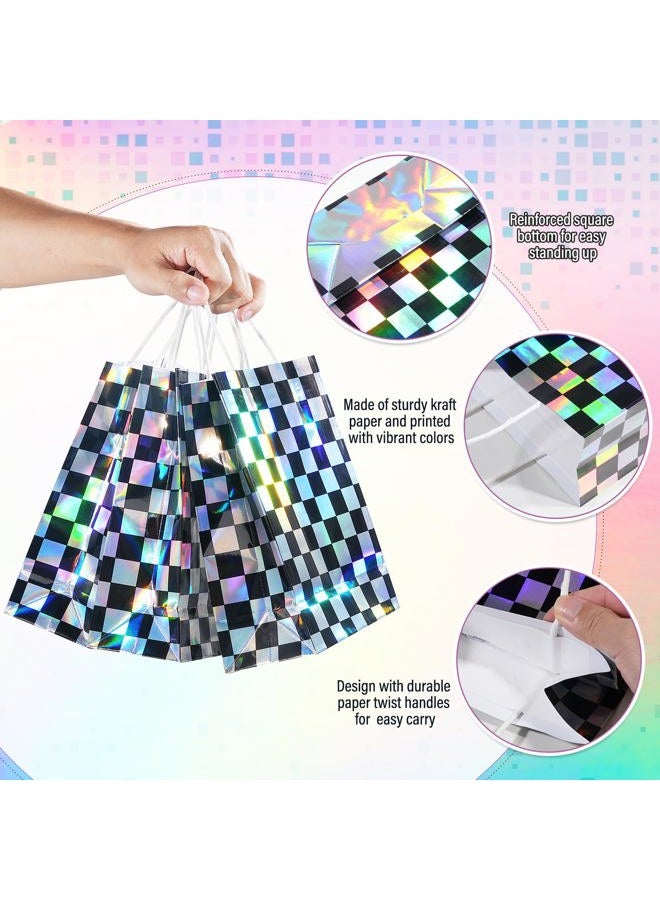 FunnyPars 16Pcs Iridescent Checkered Race Car Party Favor Bags, Black and Iridescent Car Goodie Bags with Handles, Laser Plaid Kraft Paper Candy Gift Treat Bags for Kids Fast Race Car Birthday Party Decorations - Image 3