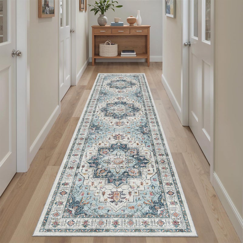 Madane Runner Rug 2x8, Washable Hallway Runner Rugs, Non-Slip Low-Pile Soft Kitchen Rug Runner Laundry Room Rug, Vintage Throw Entry Foyer Mat for Entrance Living Room (Blue, 2 x 8) - Image 1