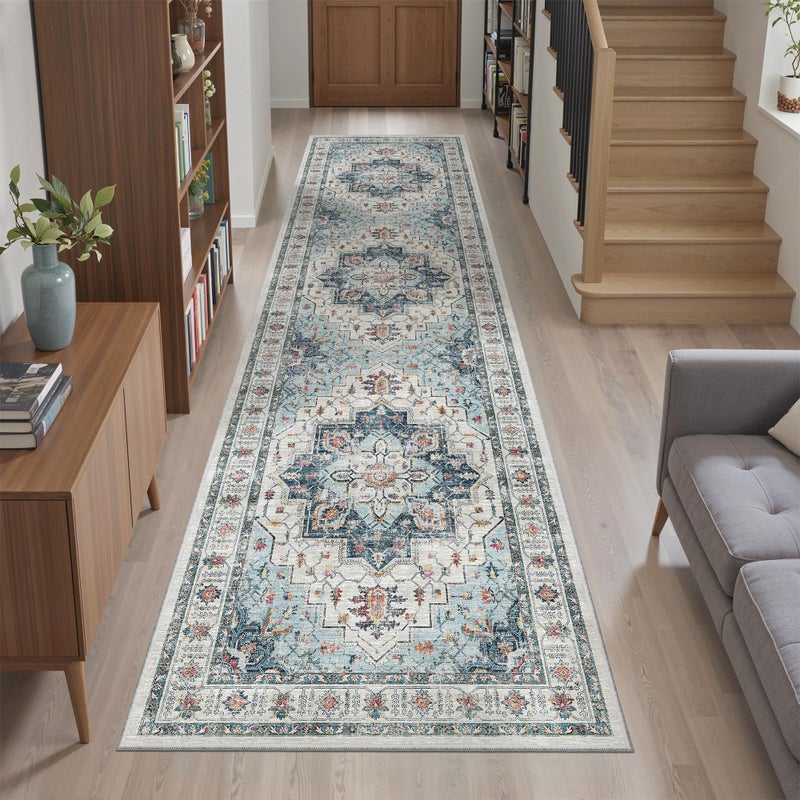 Madane Runner Rug 2x8, Washable Hallway Runner Rugs, Non-Slip Low-Pile Soft Kitchen Rug Runner Laundry Room Rug, Vintage Throw Entry Foyer Mat for Entrance Living Room (Blue, 2 x 8) - Image 3