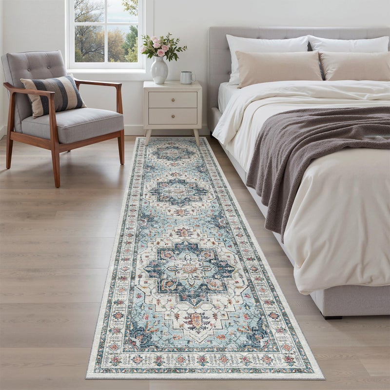 Madane Runner Rug 2x8, Washable Hallway Runner Rugs, Non-Slip Low-Pile Soft Kitchen Rug Runner Laundry Room Rug, Vintage Throw Entry Foyer Mat for Entrance Living Room (Blue, 2 x 8) - Image 4