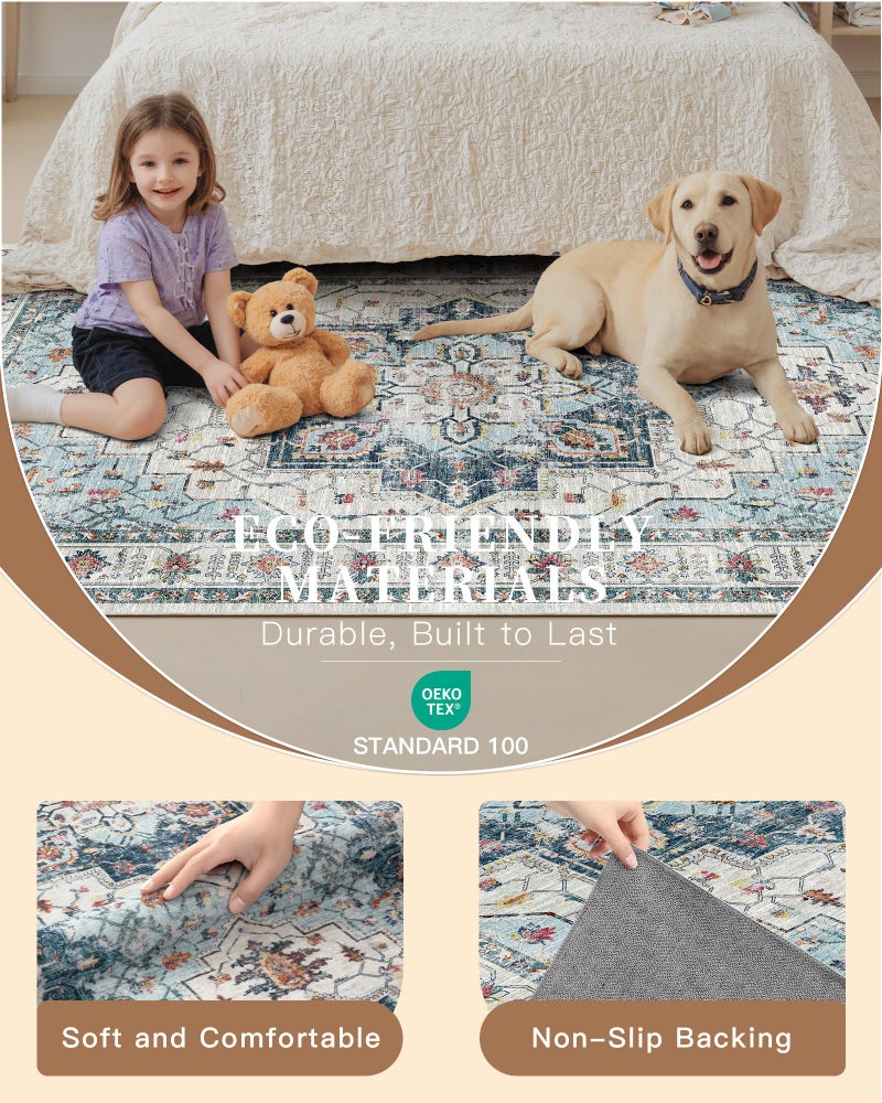 Madane Runner Rug 2x8, Washable Hallway Runner Rugs, Non-Slip Low-Pile Soft Kitchen Rug Runner Laundry Room Rug, Vintage Throw Entry Foyer Mat for Entrance Living Room (Blue, 2 x 8) - Image 5