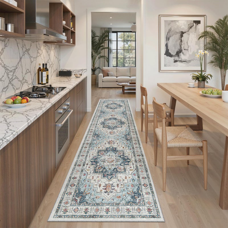 Madane Runner Rug 2x8, Washable Hallway Runner Rugs, Non-Slip Low-Pile Soft Kitchen Rug Runner Laundry Room Rug, Vintage Throw Entry Foyer Mat for Entrance Living Room (Blue, 2 x 8) - Image 2