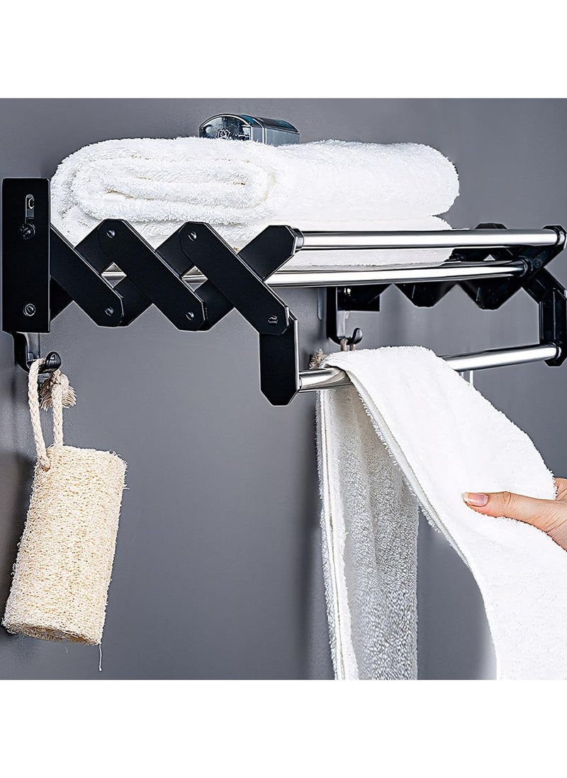 SYOSI 40cm Retractable Towel Rail, Wall Mounted, Adjustable Stainless Steel Bathroom Towel Holder, Self Adhesive Drying Rack with 2 Hooks for Bathroom, Kitchen, Hotel, Shower  - Image 1