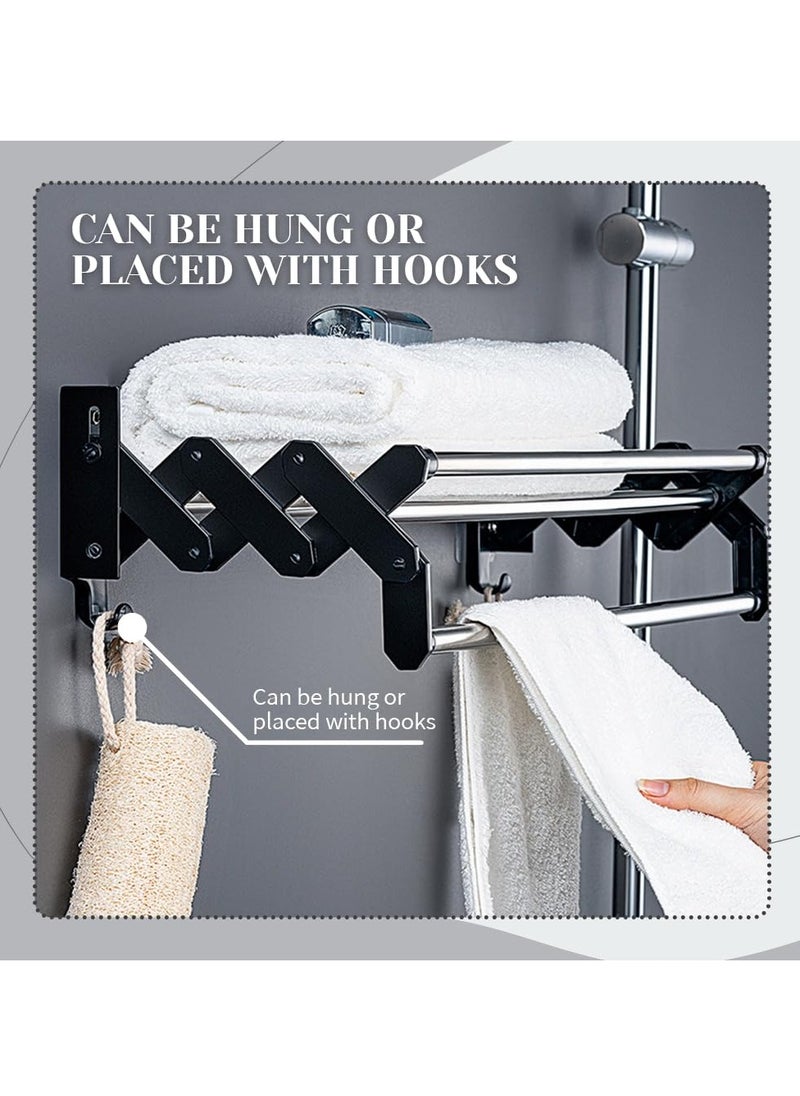 SYOSI 40cm Retractable Towel Rail, Wall Mounted, Adjustable Stainless Steel Bathroom Towel Holder, Self Adhesive Drying Rack with 2 Hooks for Bathroom, Kitchen, Hotel, Shower  - Image 3