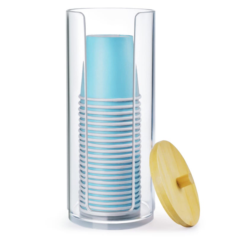 IWNTWY Bathroom Cup Dispenser Mouthwash Cups Holder Fit 3oz Disposable Paper Cup Clear Acrylic Canister Cotton Round Pad Holder Makeup Organizer with Lid for Vanity Countertops