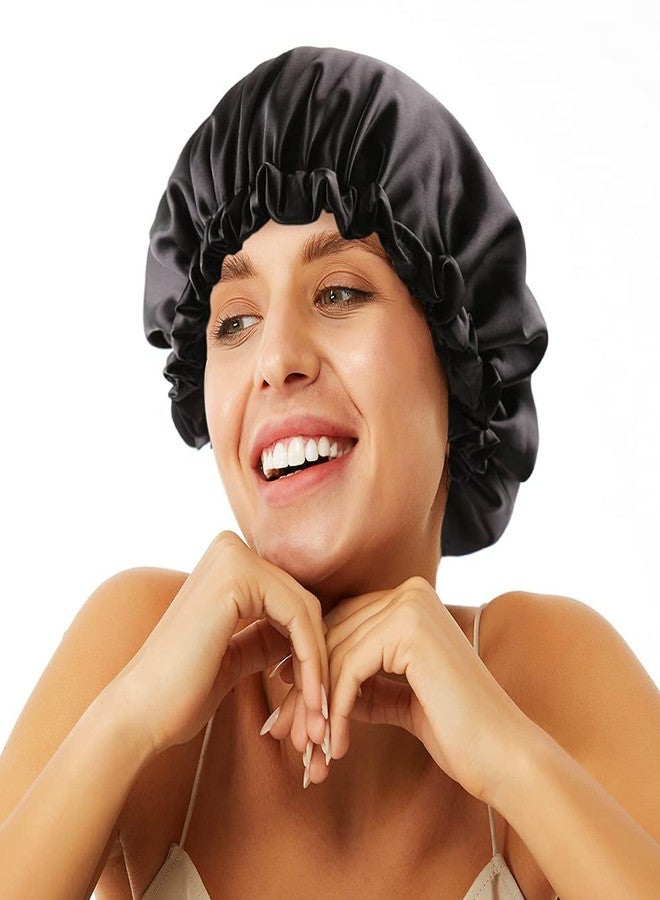 Libea Stain Bonnet Silk Sleep Cap Adjustable Satin Cap for Night Sleeping Hair Bonnet Reversible Double Layer Black - Image 1