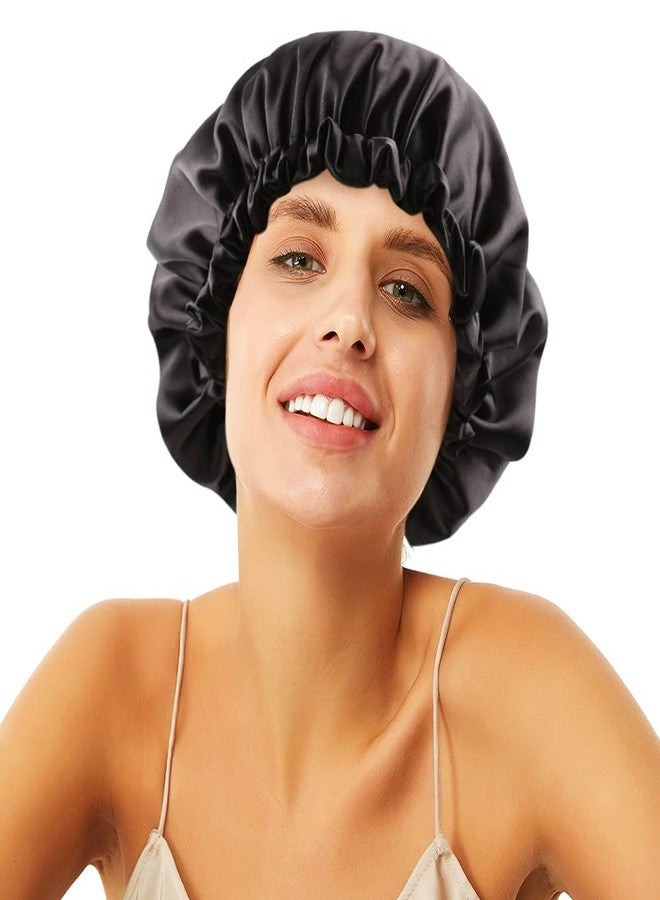 Libea Stain Bonnet Silk Sleep Cap Adjustable Satin Cap for Night Sleeping Hair Bonnet Reversible Double Layer Black - Image 2
