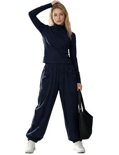 IQSQSQ Women’s 2 Piece Lounge Set Long Sleeve Top Wide Leg Joggers Elastic Waist with Pockets Casual Travel Outfits(Navy-M) - Image 1