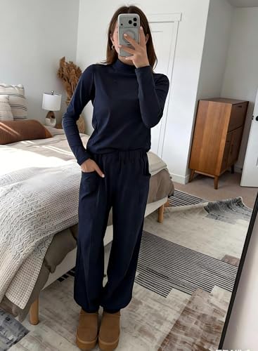 IQSQSQ Women’s 2 Piece Lounge Set Long Sleeve Top Wide Leg Joggers Elastic Waist with Pockets Casual Travel Outfits(Navy-M) - Image 2