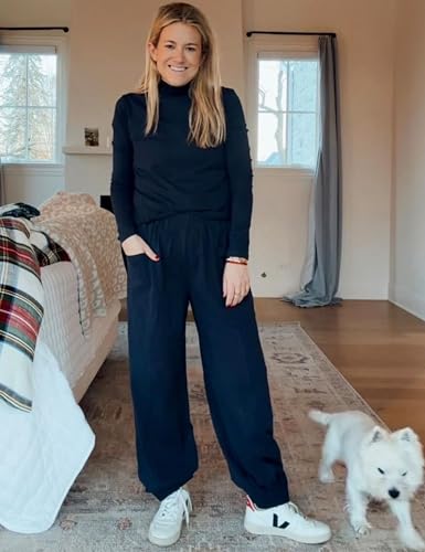 IQSQSQ Women’s 2 Piece Lounge Set Long Sleeve Top Wide Leg Joggers Elastic Waist with Pockets Casual Travel Outfits(Navy-M) - Image 4
