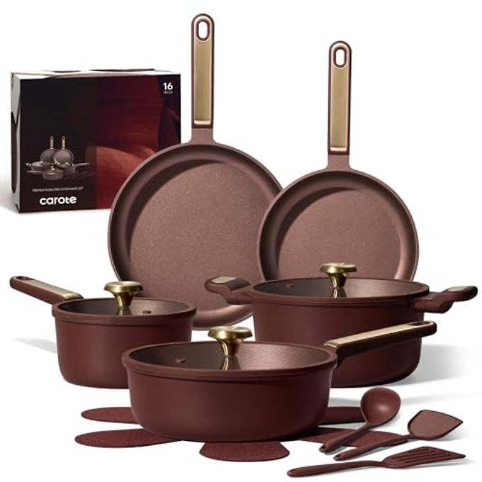 CAROTE Pots and Pans Set Nonstick, 16pcs Cookware Set Nonstick Non-Toxic & PFOA&PFOS-Free, Dishwasher, RV/Camping Cookware Set, Cooking Pots with Lids,Wine Red
