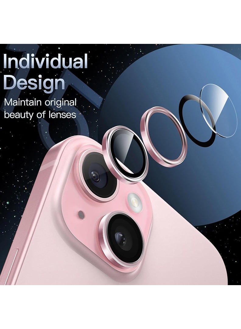 Theodor iPhone 15/ 15 Plus 2 Pcs Camera Lens Protector With 9H Tempered HD Glass Camera Cover Anti Scratch Aluminum Alloy Camera Ring, Pink - Image 2