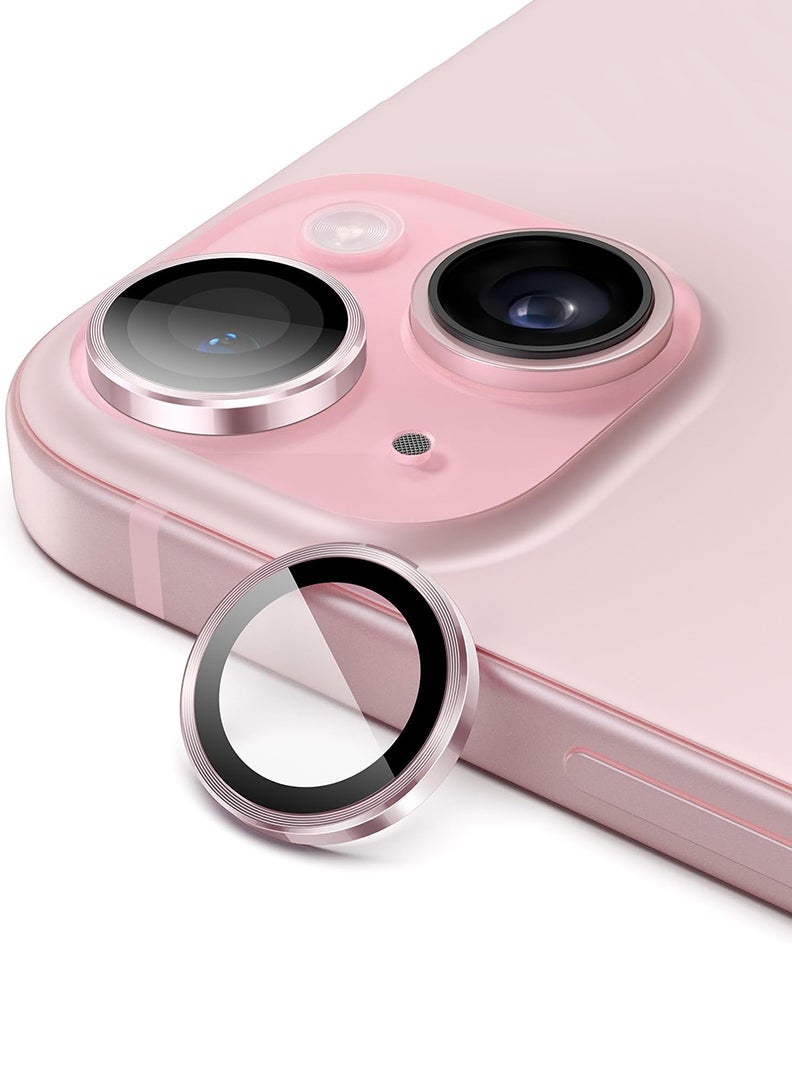 Theodor iPhone 15/ 15 Plus 2 Pcs Camera Lens Protector With 9H Tempered HD Glass Camera Cover Anti Scratch Aluminum Alloy Camera Ring, Pink - Image 1