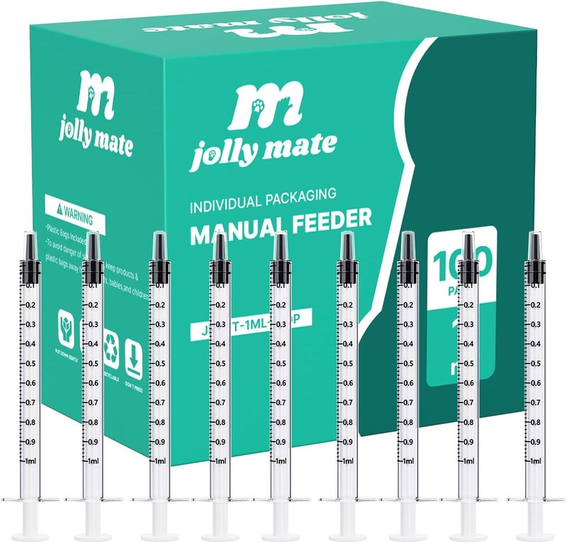 عبوة JollyMate مكونة من 100 حقنة بسعة 1 مل للسوائل، وحقن فموية بسعة 1 مل بدون إبرة مع غطاء، مغلفة بشكل فردي لاستخدامها في إطعام الحيوانات الأليفة، المختبرات العلمية، قياس السوائل، وأجهزة توزيع الزيت والغراء. - Image 1