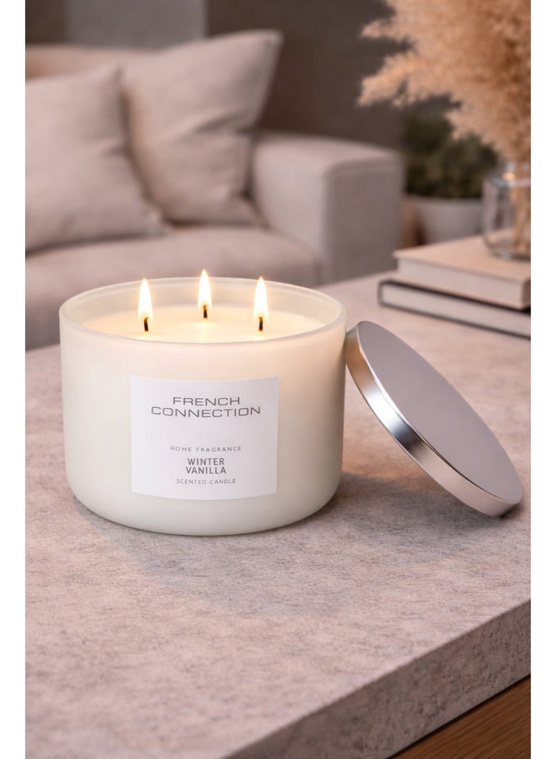 French Connection Jar Candle Scented Winter Vanilla - 431G, 3-wick with metal lid | Burn Time - 55hrs | Black & White Collection| Perfect for Gifting, Home Décor, Parties & Room Perfuming | Ideal for Living room and Office Décor - Image 1