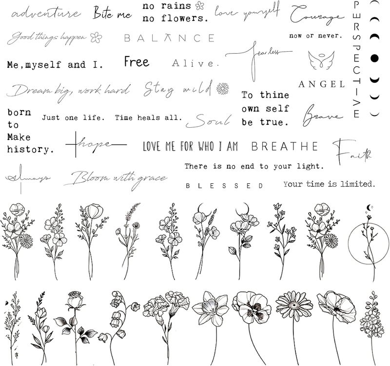 Realistic Temporary Tattoos 60 Sheets Tiny Fake 40 Pcs Inspirational Words 20 Pcs Wild Flower Floral Bouquet Stickers for Adult Women Face Body Hand