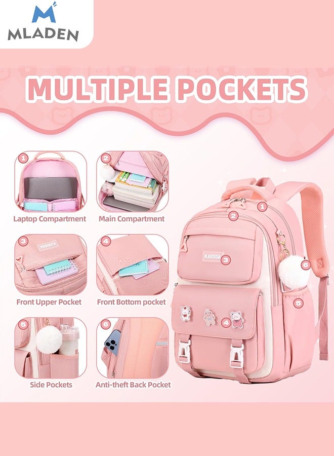 MLADEN Pink Personalized Adult Backpack Kids School Bag With 3 Badges 1 Pendant Lightweight Resistant Big Travel Daypack For Teen Girls School Backpack 47*19*32Cm - Image 3
