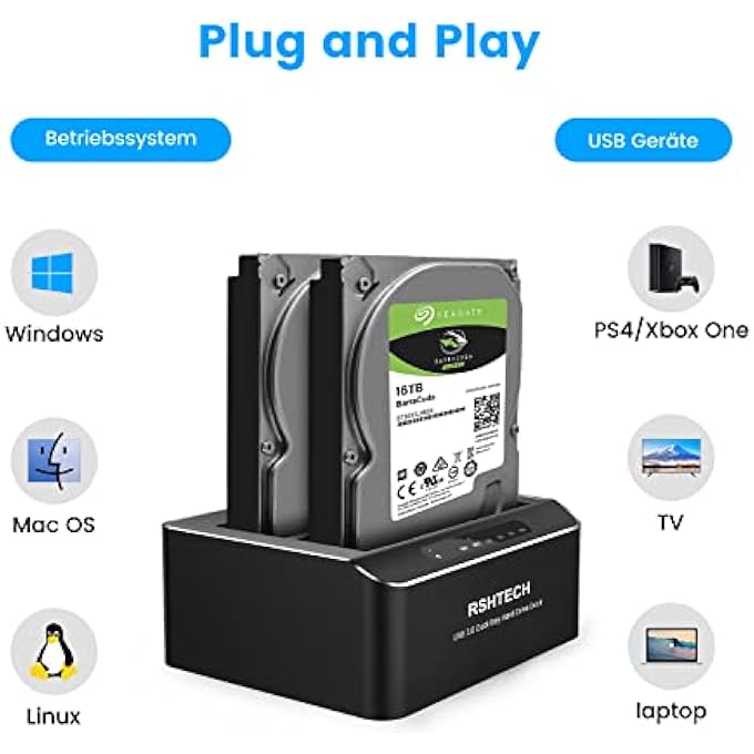 Rshtech USB 3.0 HARD DRIVE DOCKING STATION, ALUMINIUM DUAL BAY HARD DRIVE DOCKING STATION WITH OFFLINE CLONING & AUTOMATIC SLEEP MODE FOR 2.5 & 3.5 INCH SATA HDD SSD, SUPPORTS 2X16TB & UASP - Image 2