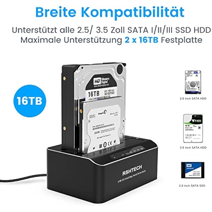 Rshtech USB 3.0 HARD DRIVE DOCKING STATION, ALUMINIUM DUAL BAY HARD DRIVE DOCKING STATION WITH OFFLINE CLONING & AUTOMATIC SLEEP MODE FOR 2.5 & 3.5 INCH SATA HDD SSD, SUPPORTS 2X16TB & UASP - Image 3